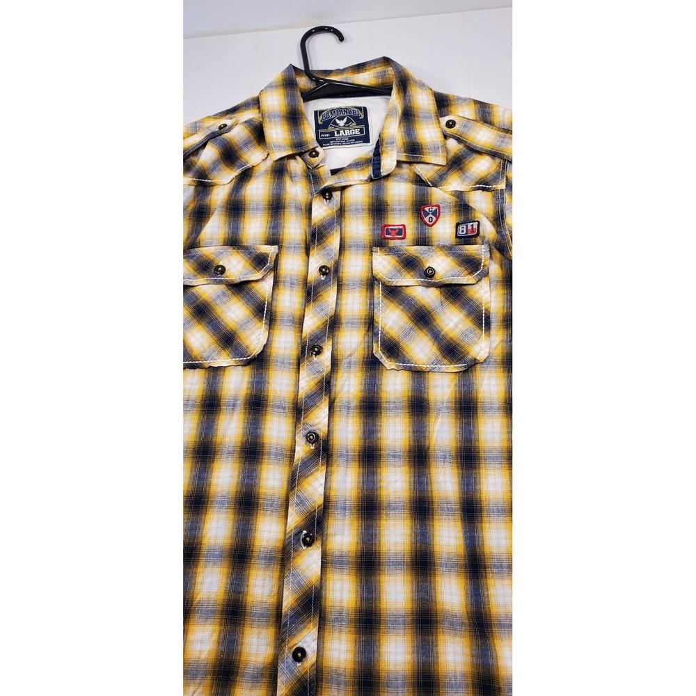 Mens Company 81 Plaid Long Sleeve Button Up Shirt Yellow Navy Blue Size Large